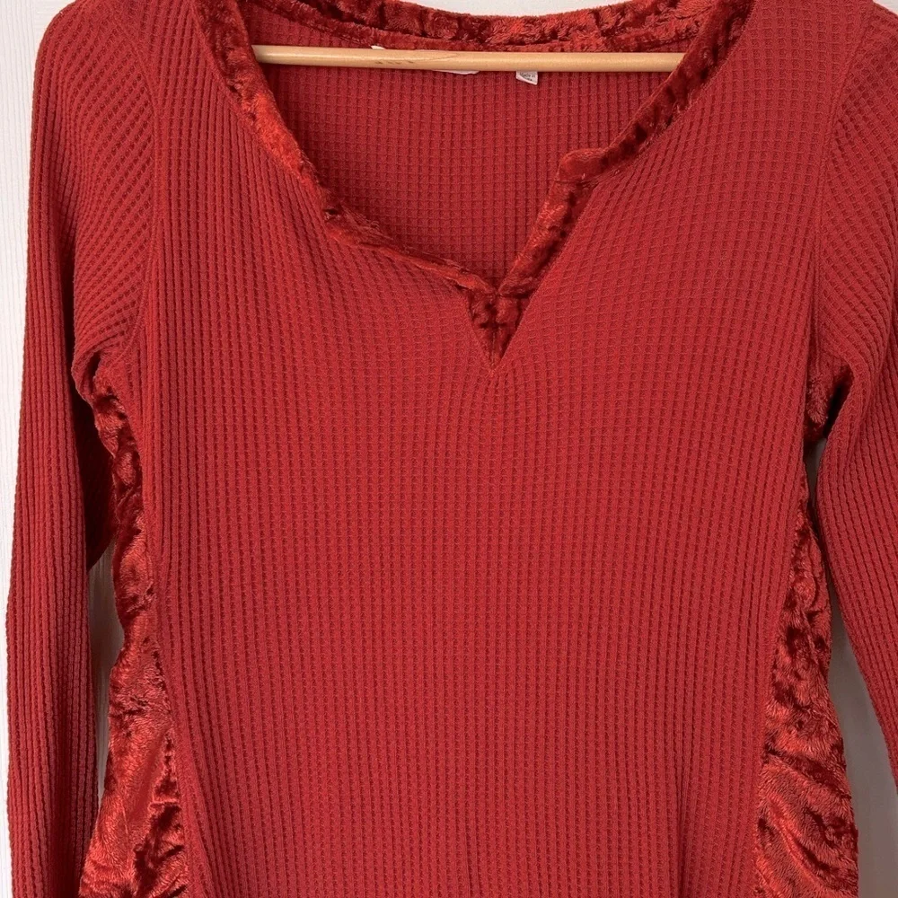 Soft Surroundings Waffle Knit Velvet Trim Burnt Orange Long Sleeve Top - Picture 2 of 7